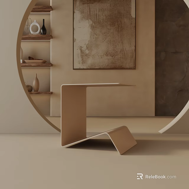 Modern Minimalist Side Table With Curved Shape In Beige Interior With Wall Painting 3d model 