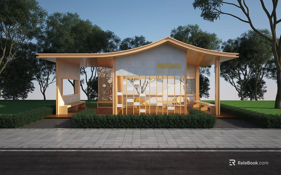 Modern Wooden Pavilion With Curved Roof White Wall Green Lawn And Trees Surroundings 3d model 
