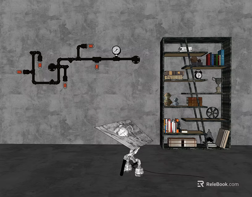 Industrial Style Bookshelf with Books and Vintage Wheel Decor Against Gray Wall and Pipes 3d model 