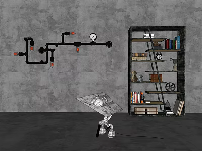 Industrial Style Bookshelf with Books and Vintage Wheel Decor Against Gray Wall and Pipes 3d model