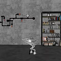 Industrial Style Bookshelf with Books and Vintage Wheel Decor Against Gray Wall and Pipes