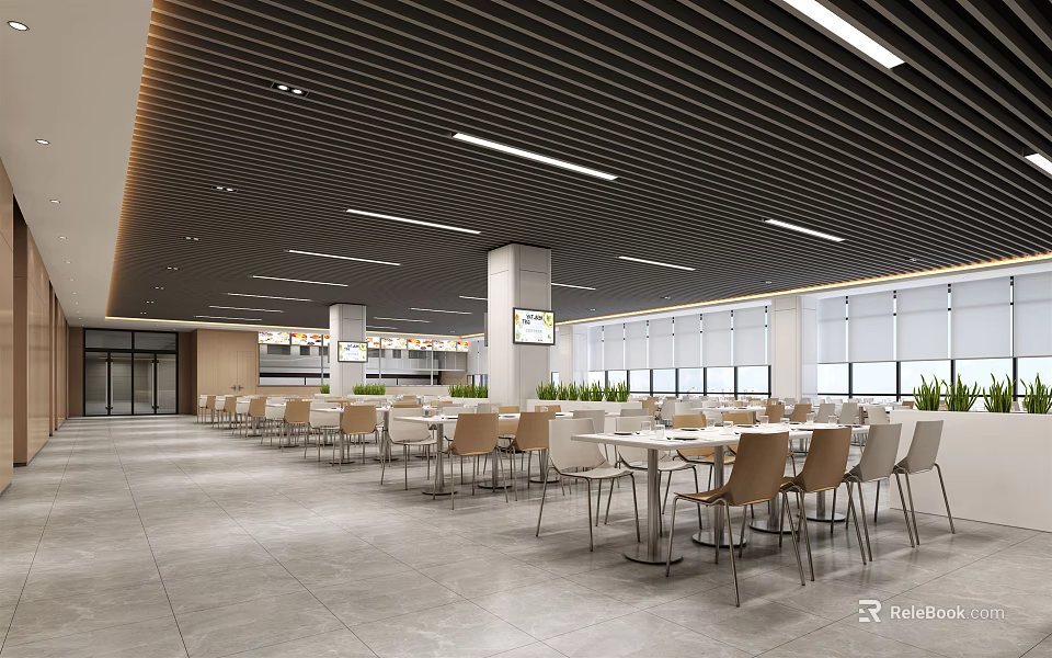 Spacious Modern Cafeteria Interior With Tables Chairs Pendant Lights And Windows 3d model