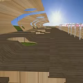 Modern Garden Landscape Featuring Wavy Wooden Canopy Terrace Steps and Scenic Mountain View
