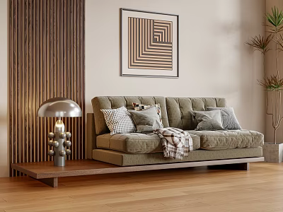 Plush Beige Double Sofa with Cushions Throw Blanket Metal Table Lamp and Geometric Artwork Near Wooden Striped Wall 3d model