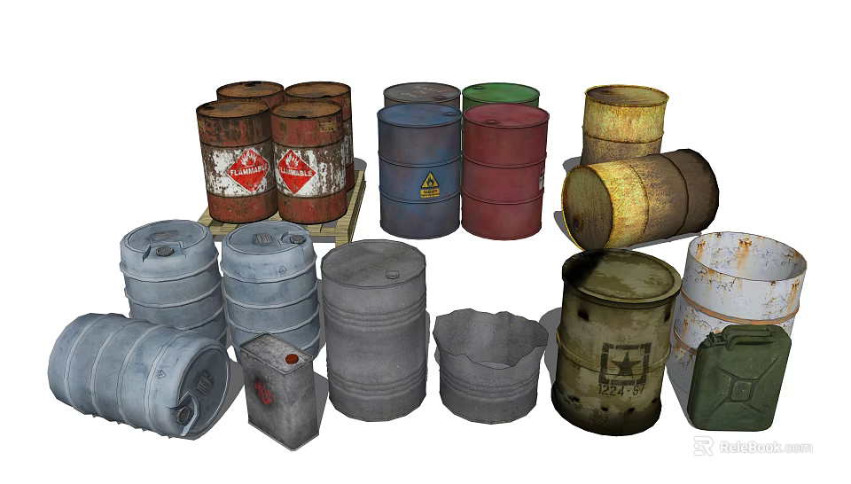 Industrial Equipment Including Rusty Metal Oil Drums In Various Colors And Warning Signs 3d model 