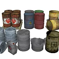 Industrial Equipment Including Rusty Metal Oil Drums In Various Colors And Warning Signs