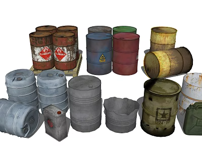 Industrial Equipment Including Rusty Metal Oil Drums In Various Colors And Warning Signs 3d model