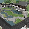 Traditional Garden Landscape With Wooden Pavilion Trees Water And Stone Path Features