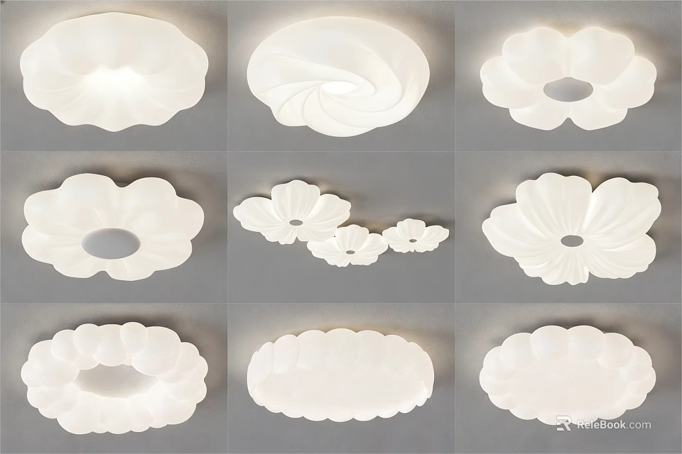 Various White Ceiling Lights with Different Floral and Curved Designs for Modern Home 3d model 