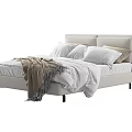Double Bed With Upholstered Headboard Plush Pillows Modern Design And Cozy Fringed Blanket