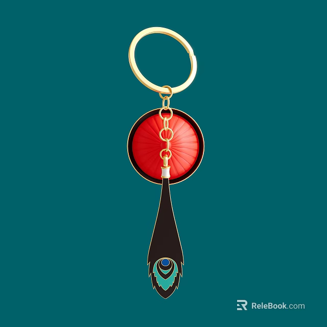 Gold Keychain Pendant With Red Circular Element And Black Peacock Feather Design 3d model 
