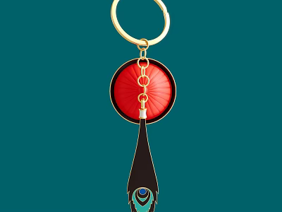 Gold Keychain Pendant With Red Circular Element And Black Peacock Feather Design 3d model