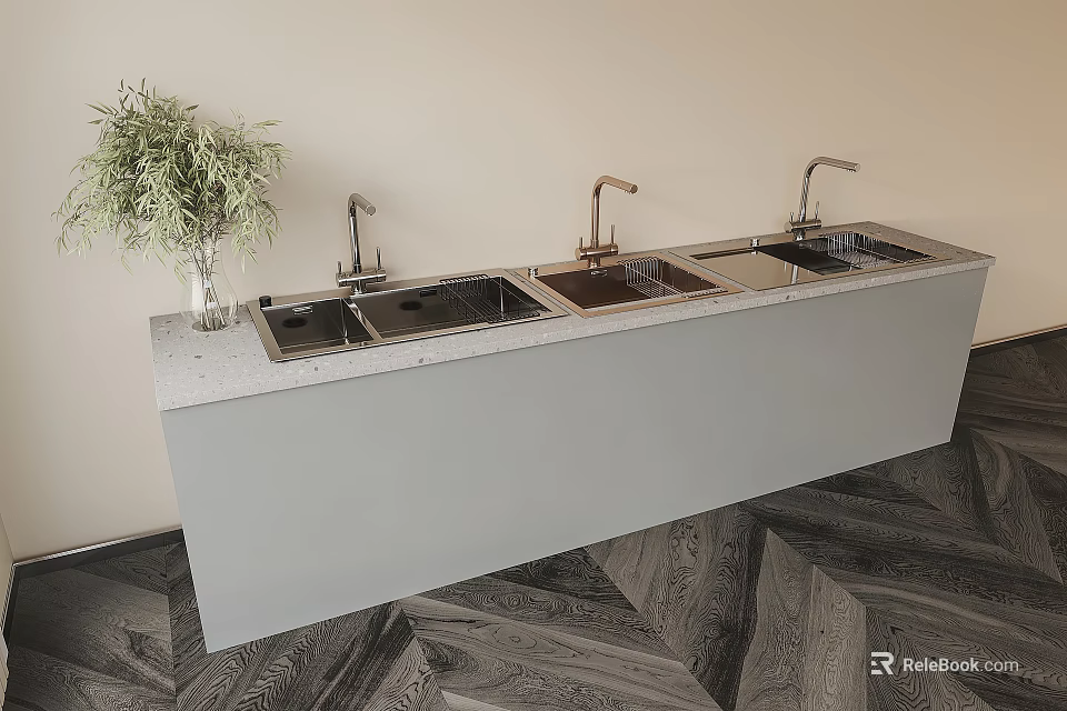 Stylish Three Washbasins On Gray Countertop With Brass Faucets Green Plant And Herringbone Wood Floor 3d model 