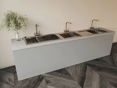 Stylish Three Washbasins On Gray Countertop With Brass Faucets Green Plant And Herringbone Wood Floor 3d model