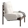 Plush White Fabric Accent Chair with Wooden Frame and Gray Fringed Throw in Modern Design