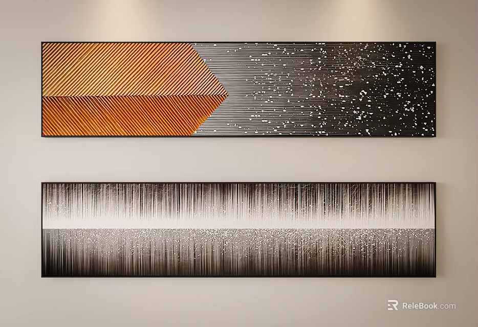 Abstract Wall Art Paintings With Geometric Orange Patterns Vertical Stripes And Gradient Gray Tones 3d model 