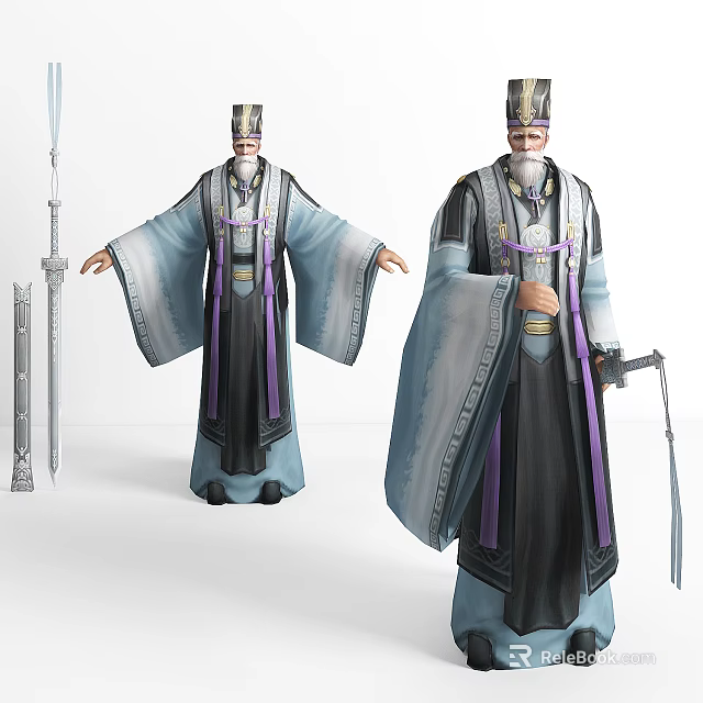 Ancient Costume Game Movie Character With Purple Black Robes Crown And Weapon In Two Poses 3d model 