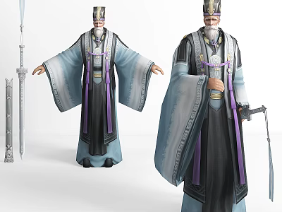 Ancient Costume Game Movie Character With Purple Black Robes Crown And Weapon In Two Poses 3d model