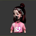 Cute 3D Game Movie Character With Burgundy Hair Bun Pink T-Shirt White Heart Design