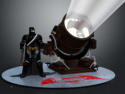 Batman Standing Next to Bat Signal With Red Bat Symbol on Ground 3d model