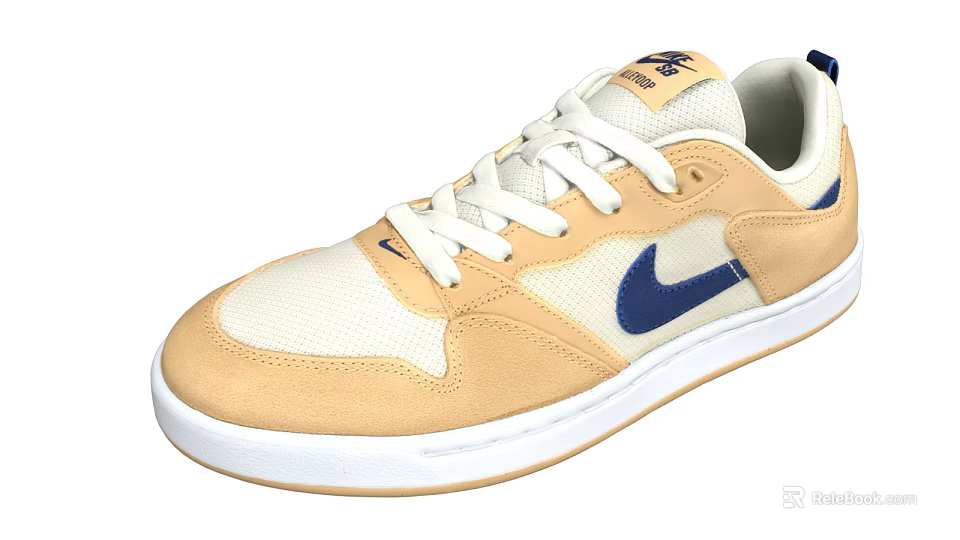 Nike Beige Tan Mesh Leather Sneakers Blue Logo White Laces White Sole Design 3d model 