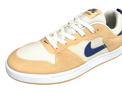 Nike Beige Tan Mesh Leather Sneakers Blue Logo White Laces White Sole Design 3d model