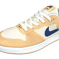 Nike Beige Tan Mesh Leather Sneakers Blue Logo White Laces White Sole Design