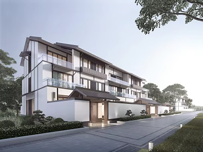 Modern Detached Villa Exterior Featuring Large Glass Windows Greenery And Driveway 3d model