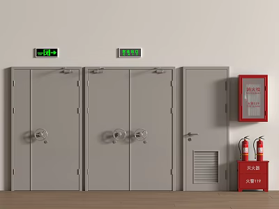 Double Doors With Green Indicator Lights Red Fire Cabinet And Fire Extinguishers 3d model