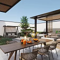 Elegant Modern Garden Landscape Design With Wooden Pavilion Sofa Seating Dining Tables And Green Plants