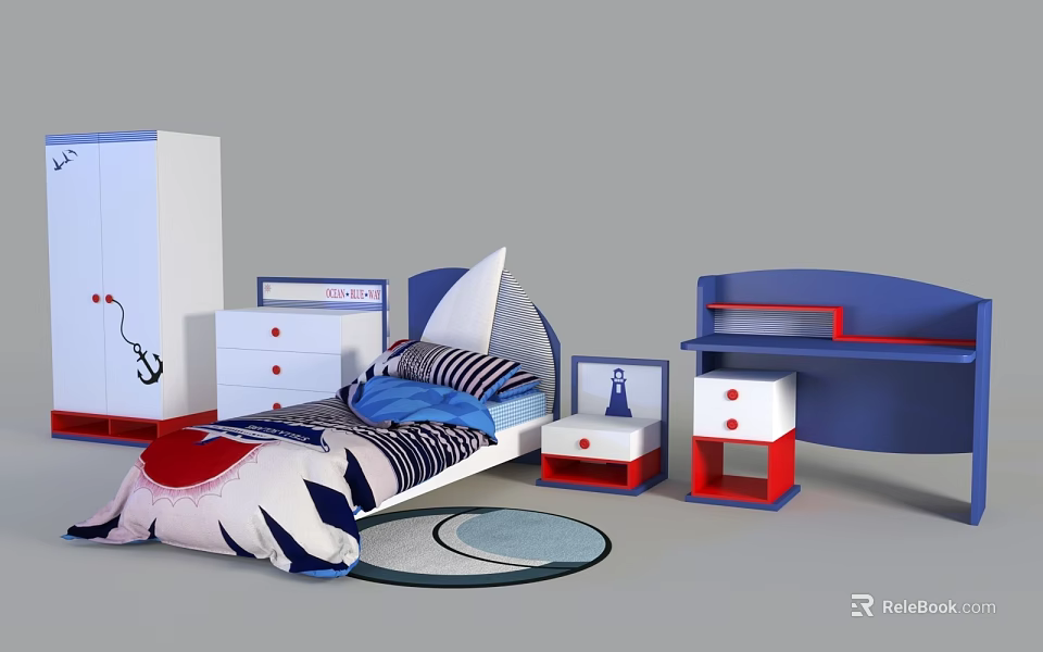 Kids Bedroom Set With Blue White Children's Bed Nightstand Desk And Wardrobe 3d model 