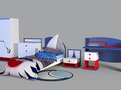 Kids Bedroom Set With Blue White Children's Bed Nightstand Desk And Wardrobe 3d model
