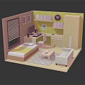Cartoon Scene of Colorful Pink Yellow Room With Bed Desk Bookshelf And Sofa