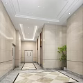 Modern Elevator Lobby With Marble Walls Circular Pendant Lights And Patterned Floor Tiles 3d model