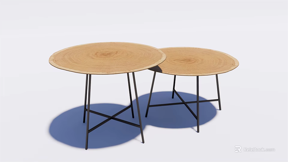 Two Piece Modern Coffee Tables With Round Wooden Top And Black Metal Cross Legs 3d model 