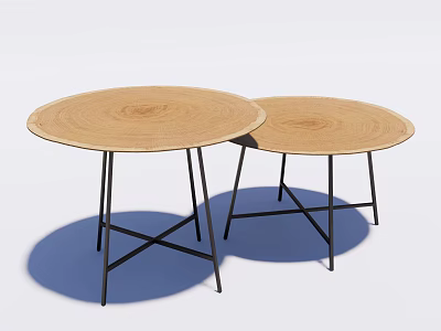 Two Piece Modern Coffee Tables With Round Wooden Top And Black Metal Cross Legs 3d model