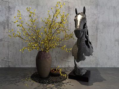 Decorative Ornament Set With Horse Statue Brown Vase And Yellow Flower Branches 3d model
