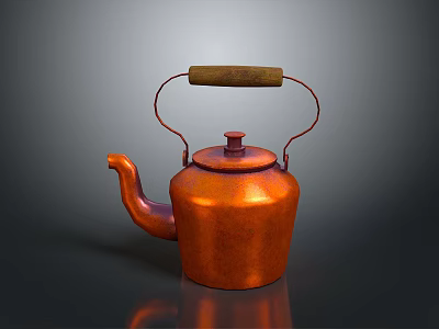 Vintage Copper Teapot With Wooden Handle On Dark Shiny Surface 3d model