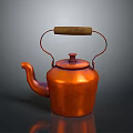 Vintage Copper Teapot With Wooden Handle On Dark Shiny Surface