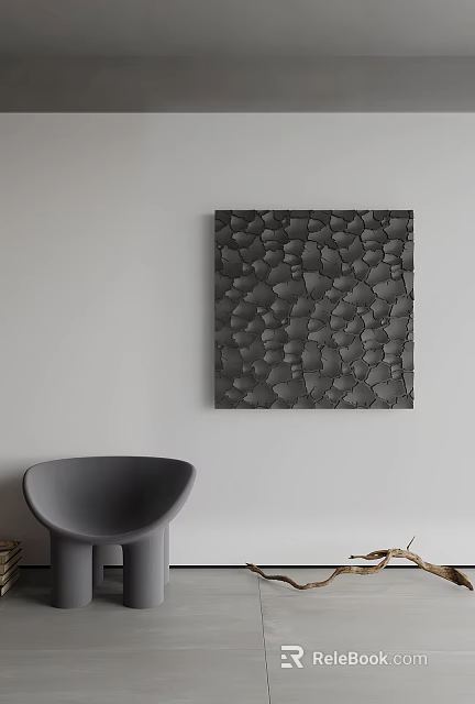 Modern Black Square Wall Hanging With Irregular Pebble Like Texture On Gray Wall 3d model