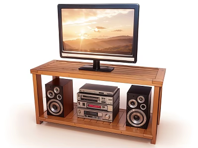 Wooden TV Stand with TV Speakers and Audio Video Equipment on Shelf 3d model