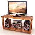 Wooden TV Stand with TV Speakers and Audio Video Equipment on Shelf