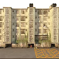 Multi Story Residential Building With Balconies Decorative Grilles Greenery And Parking Space