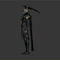 Fantasy Warrior Character with Intricate Green Black Armor Spiked Details and Flowing Cloak Design