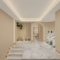 Elegant Indoor Space With Marble Stairs Arch And Greenery 3d model