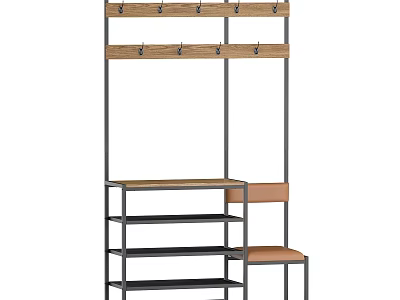 Entryway Cabinet With Side Cabinet Design Metal Frame Wooden Shelves Hanging Hooks Shoe Storage Bench 3d model