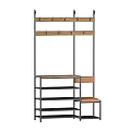 Entryway Cabinet With Side Cabinet Design Metal Frame Wooden Shelves Hanging Hooks Shoe Storage Bench