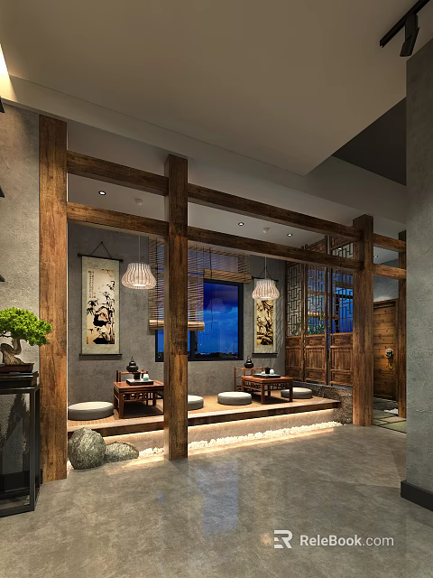 Traditional Chinese Teahouse Interior With Wooden Beams Traditional Paintings And Tea Sets 3d model 