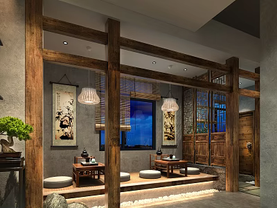 Traditional Chinese Teahouse Interior With Wooden Beams Traditional Paintings And Tea Sets 3d model