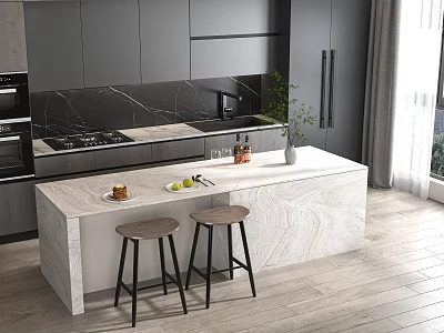 Modern Restaurant Open Kitchen Interior With Marble Island And Wooden Stools 3d model